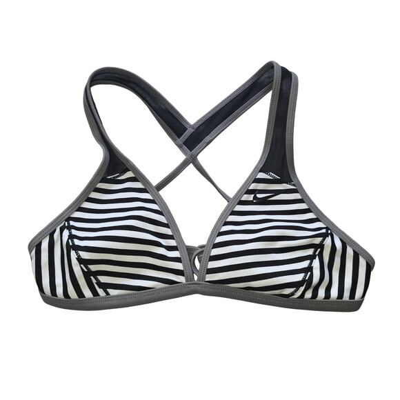 Nike Bikini Top Womens Small Black White Striped Triangle Cross Back Swim Logo - Picture 1 of 8
